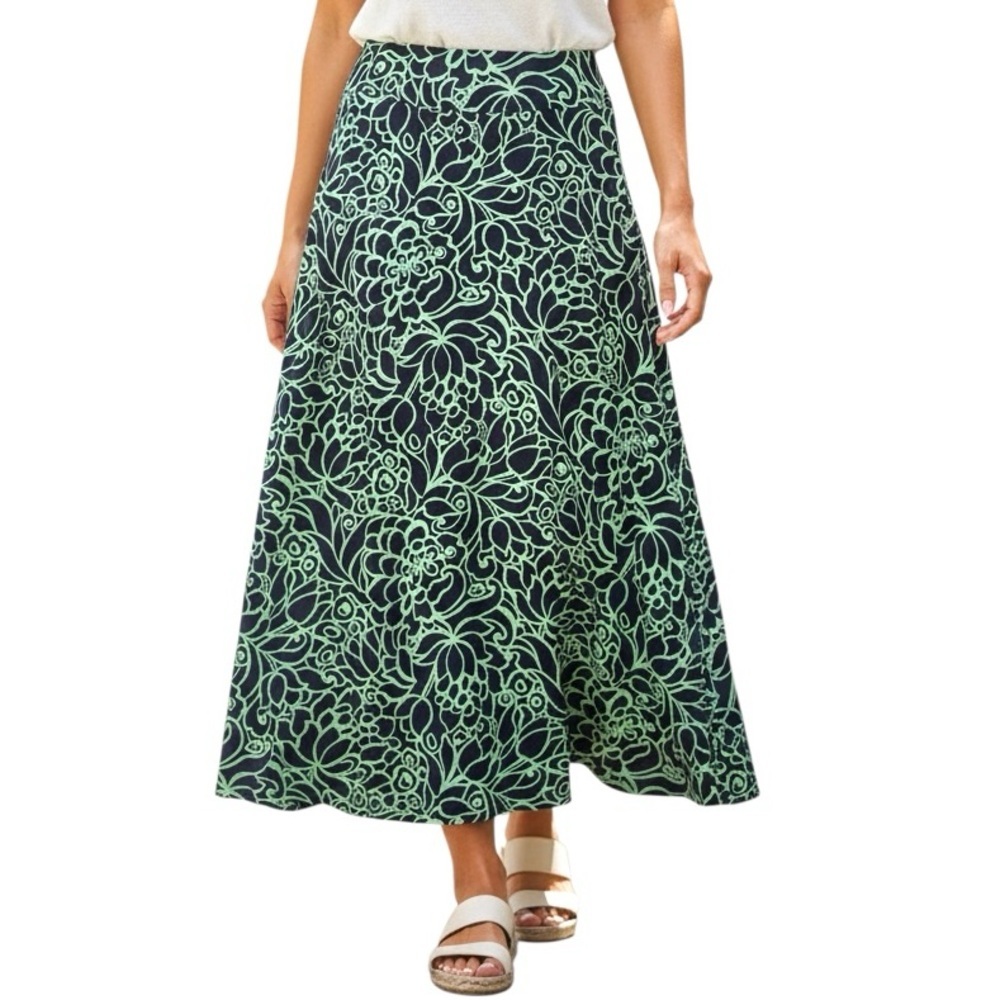Talbots Jersey Floral A-Line Maxi Skirt Navy Blue Mint Green Modal Blend Size S